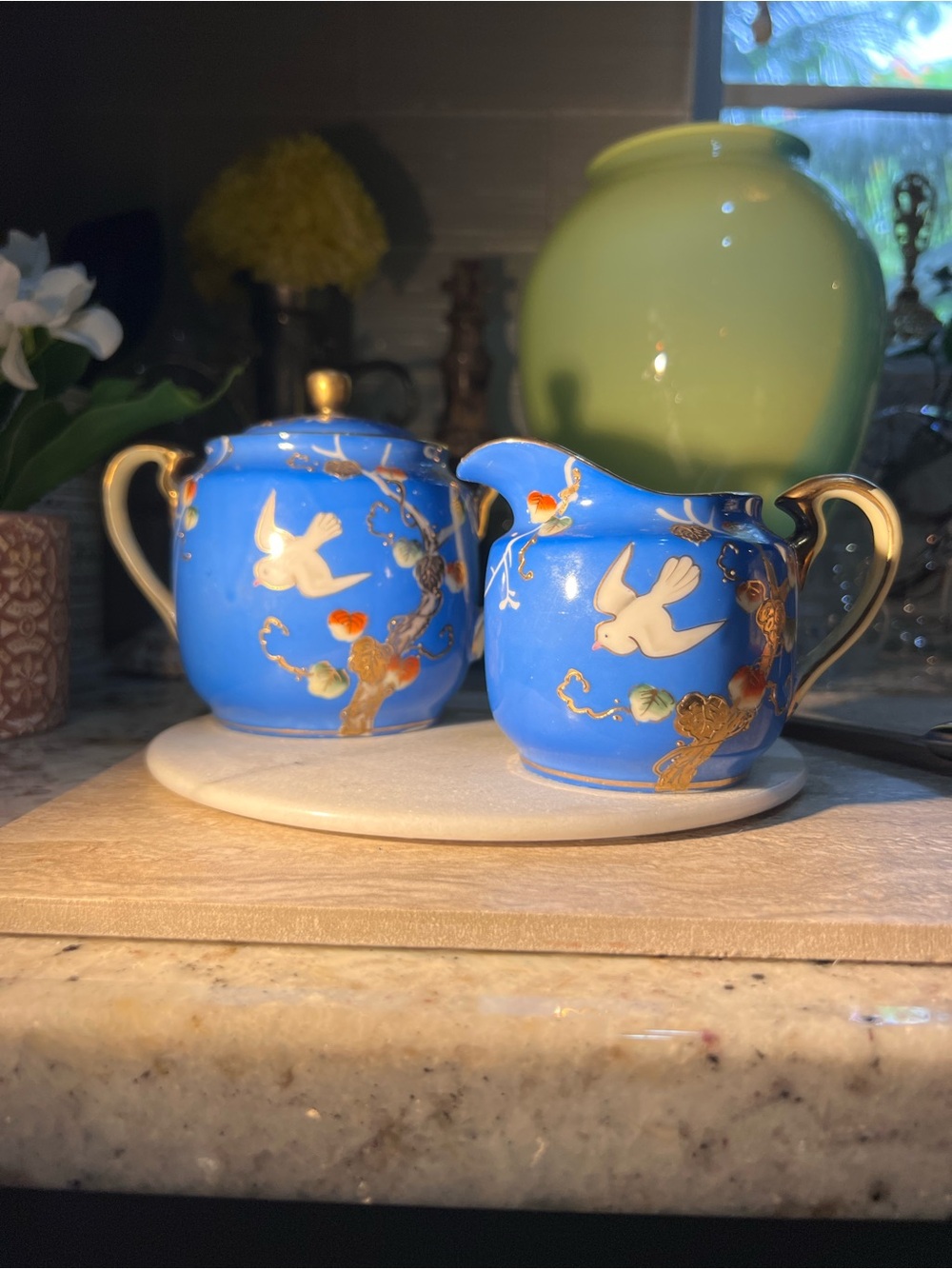 Blue Porcelain Creamer and Sugar Set with Bird Motif Rare!